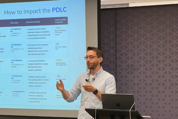 Jorge Alcantara speaking beside a slide titled How to impact the PDLC at ProductTank San Francisco.