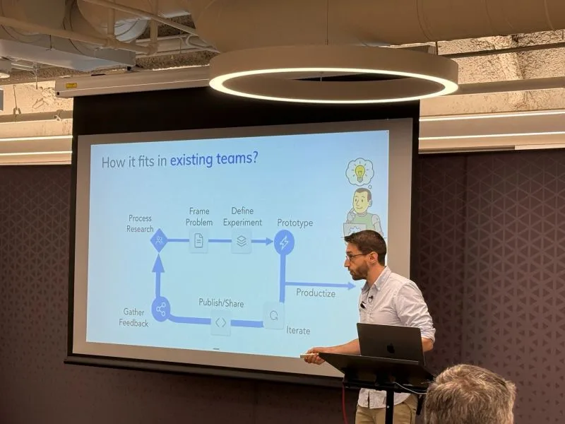 Jorge Alcantara at a lectern during a ProductTank San Francisco workshop, with the audience and presentation visible.