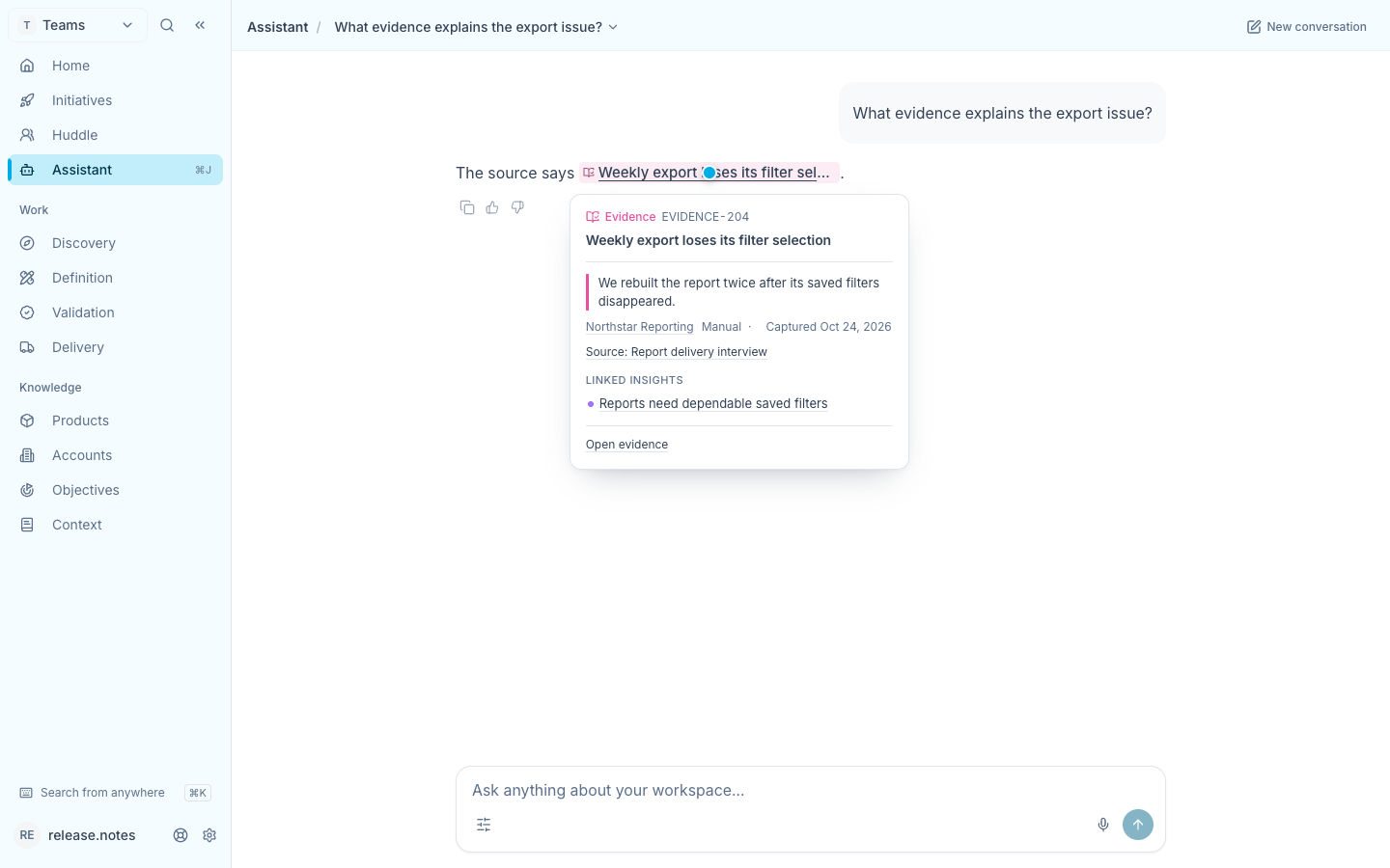 A synthetic assistant answer opens a bounded Evidence preview with its original source and an explicit Open evidence action.