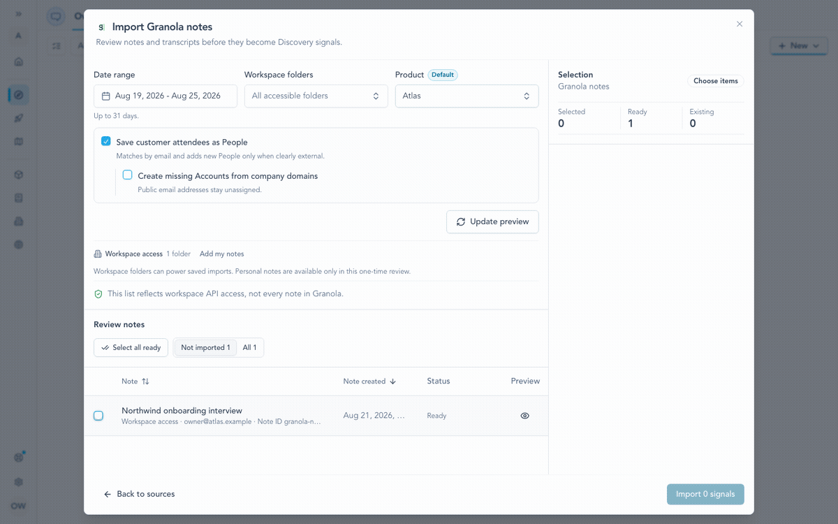 Granola conversation selected for import, followed by a receipt with People outcomes and the shared People directory.