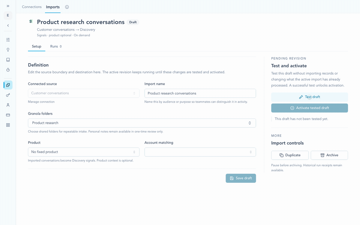 Saved import lifecycle moving from source selection to completed receipt.