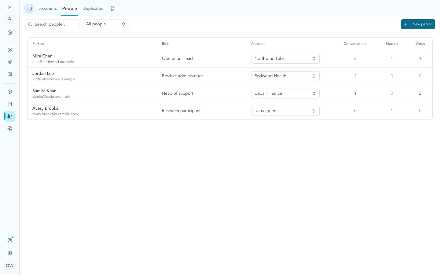 People directory showing generic customer records and optional account context.