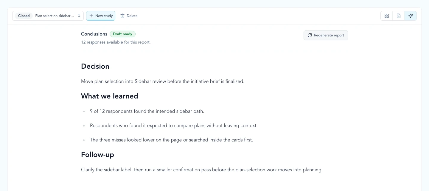 Study conclusions showing response-backed learning and follow-up connected to a product decision.