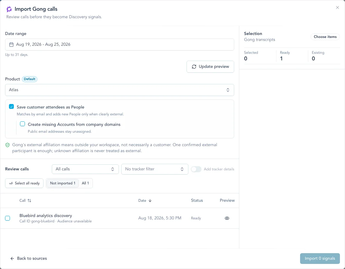 Gong call review showing a synthetic call, attendee organization, Account creation, audience, and tracker controls.