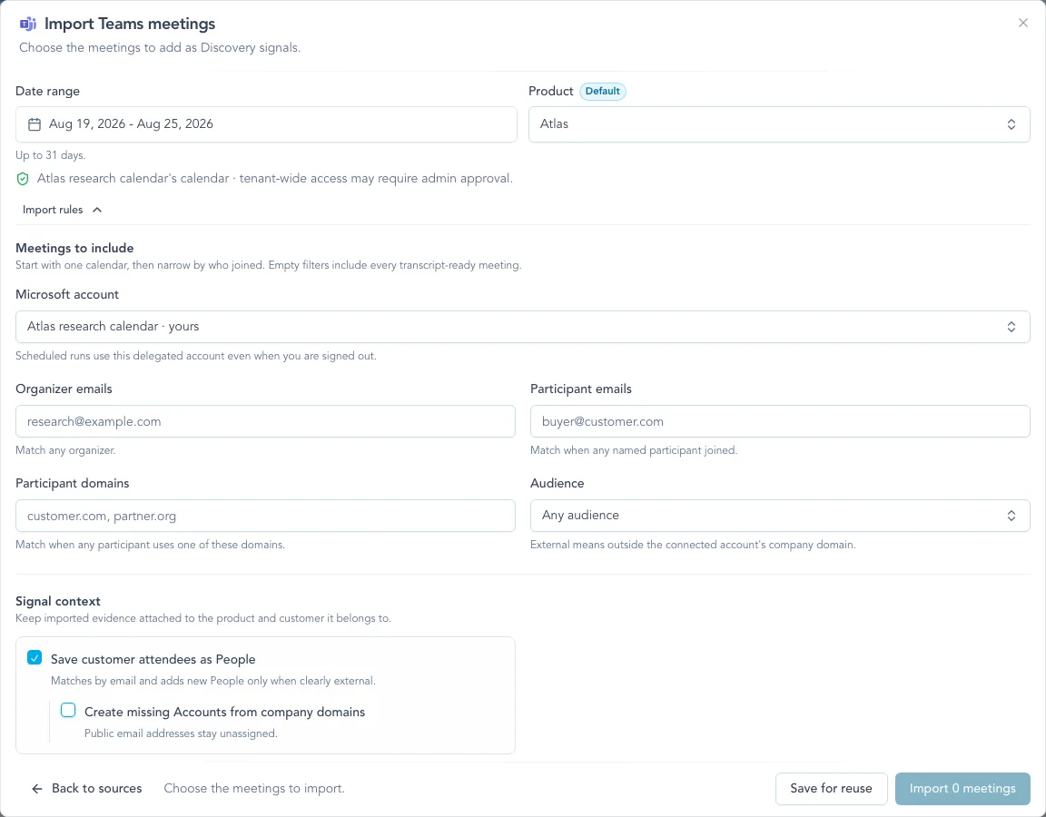 Microsoft Teams import setup showing the connected calendar, participant filters, and separate controls for saving external attendees as People and creating missing Accounts.