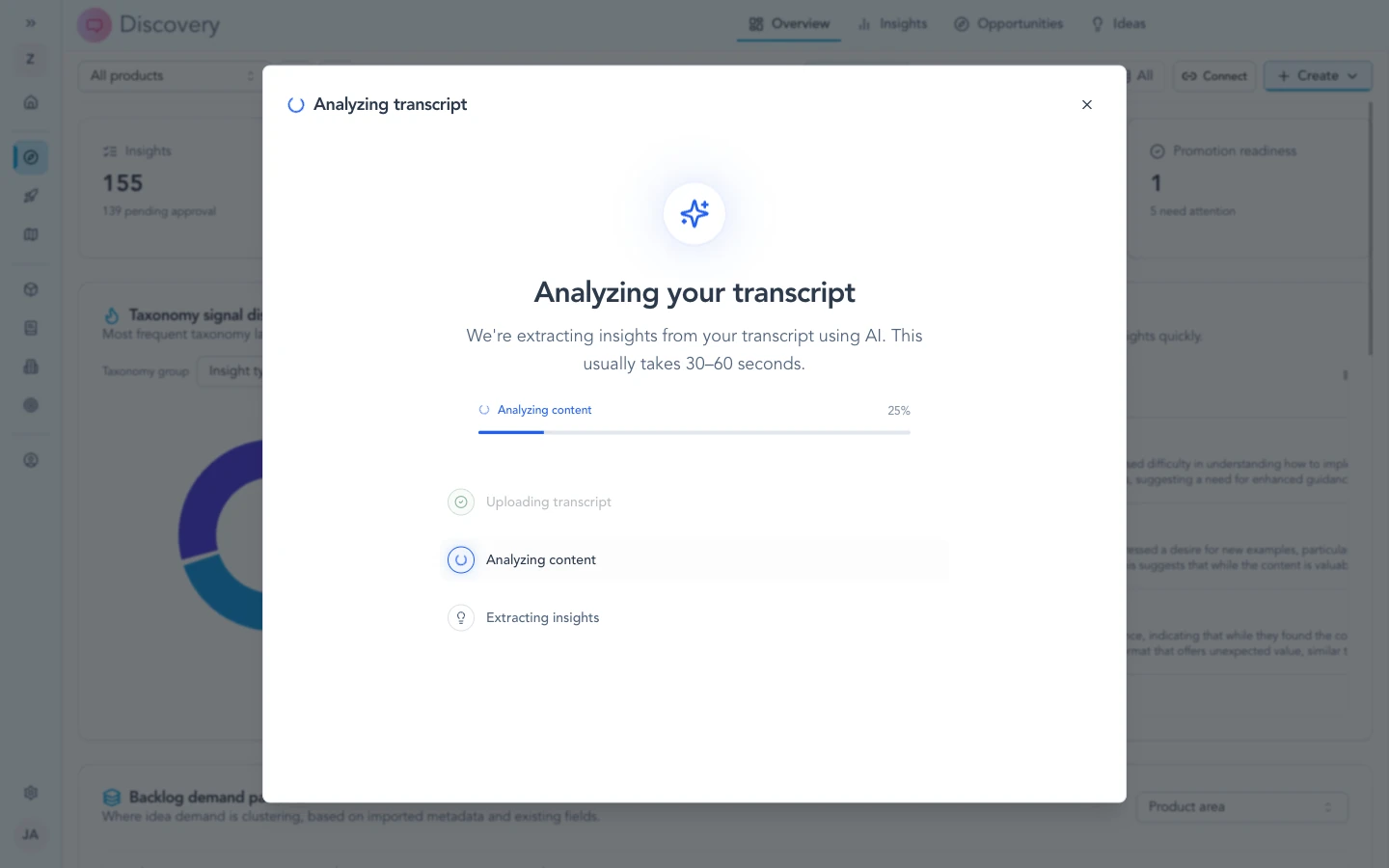Progress state while Zentrik processes an imported meeting transcript into Discovery evidence.
