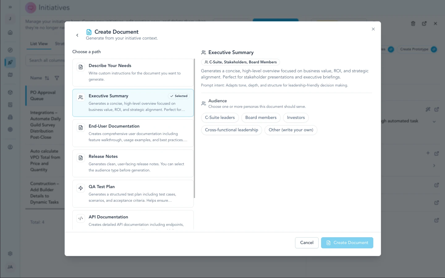 Create document flow with AI template selection on an initiative.