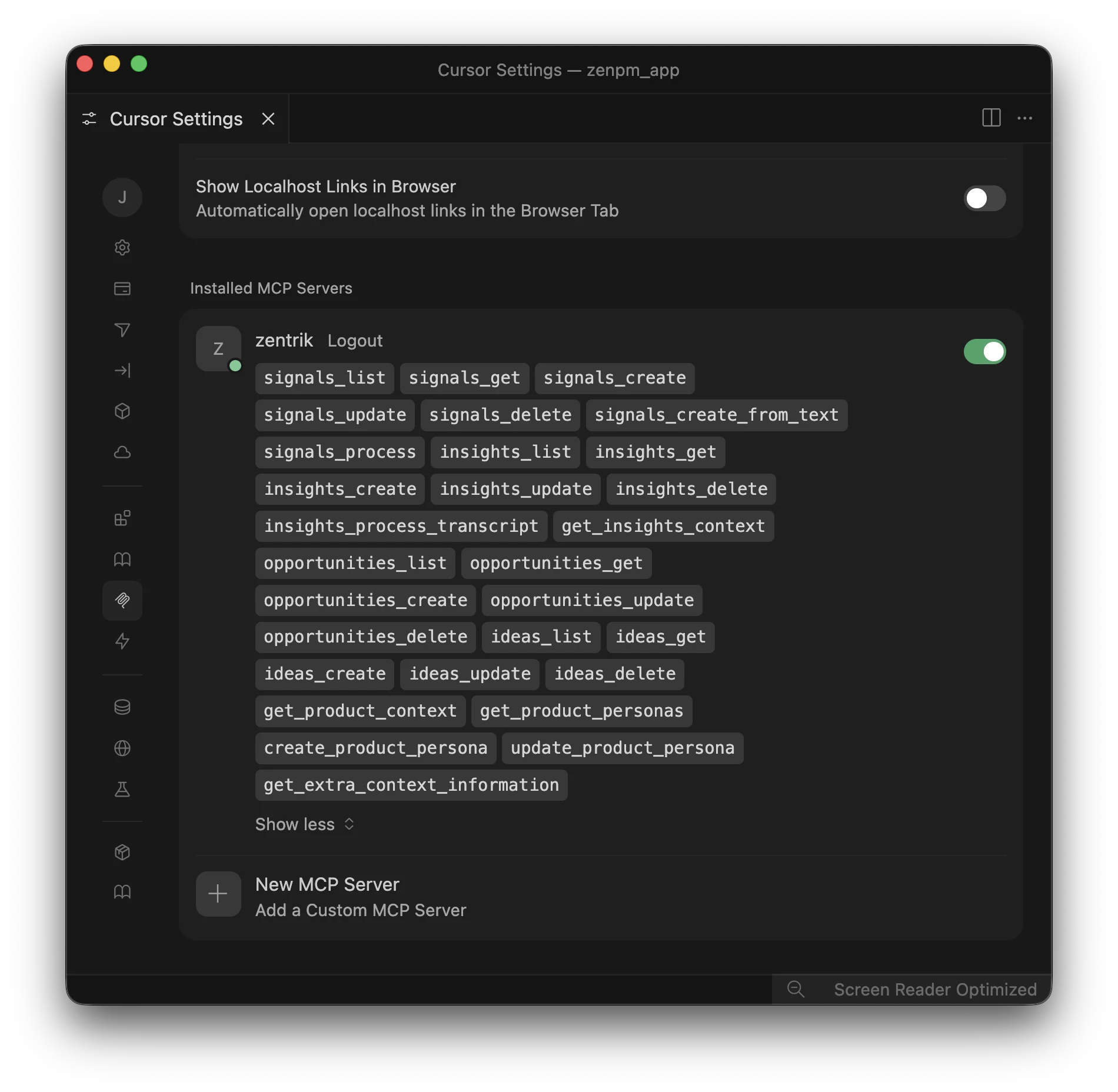 Cursor MCP settings showing Zentrik connected and the available tools listed.