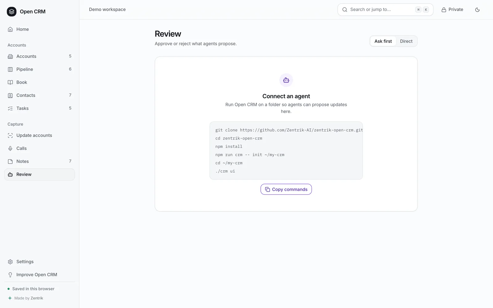 The Review screen, where an agent's proposed changes wait with their evidence.