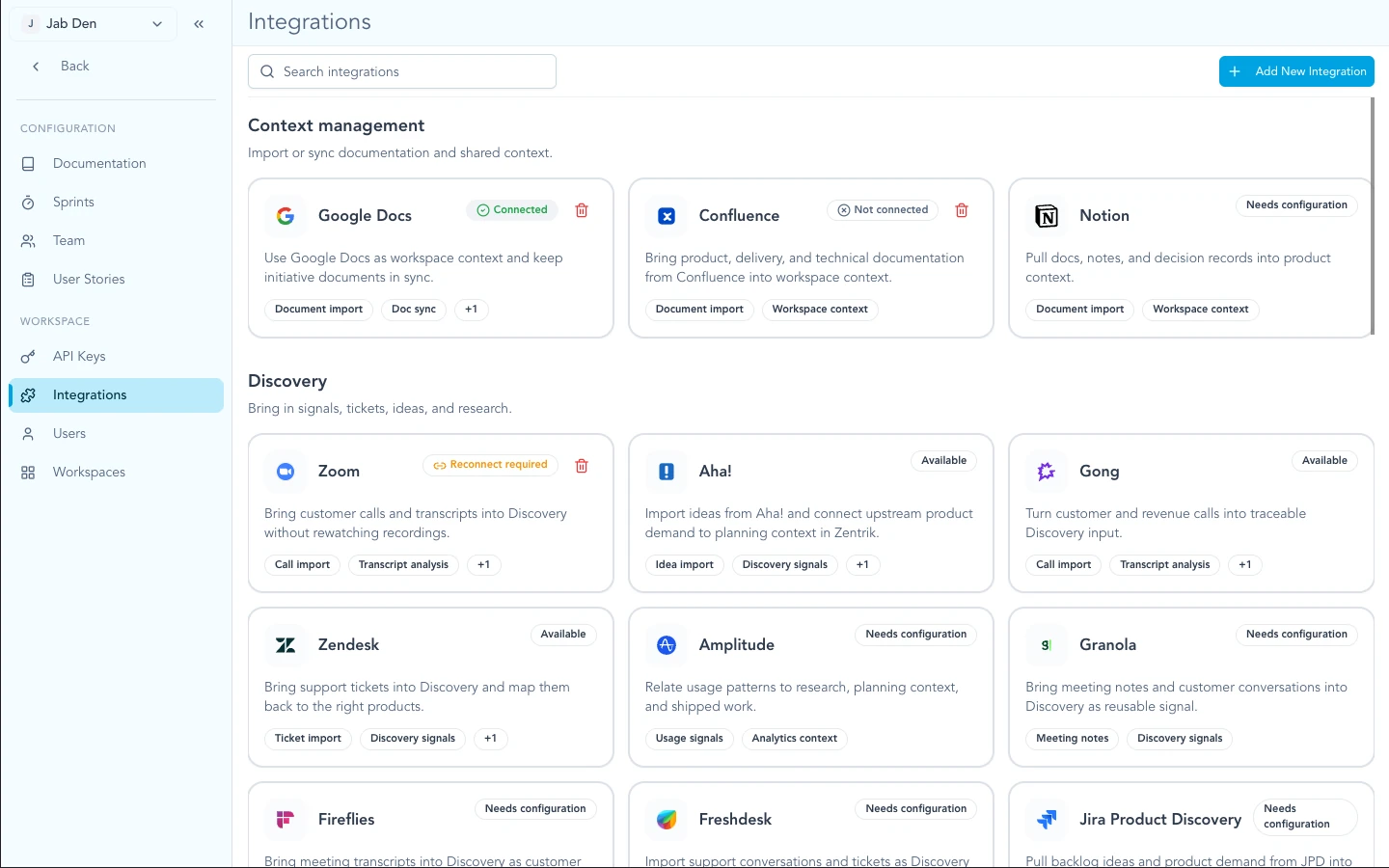 Zentrik Settings integrations list including Cursor.