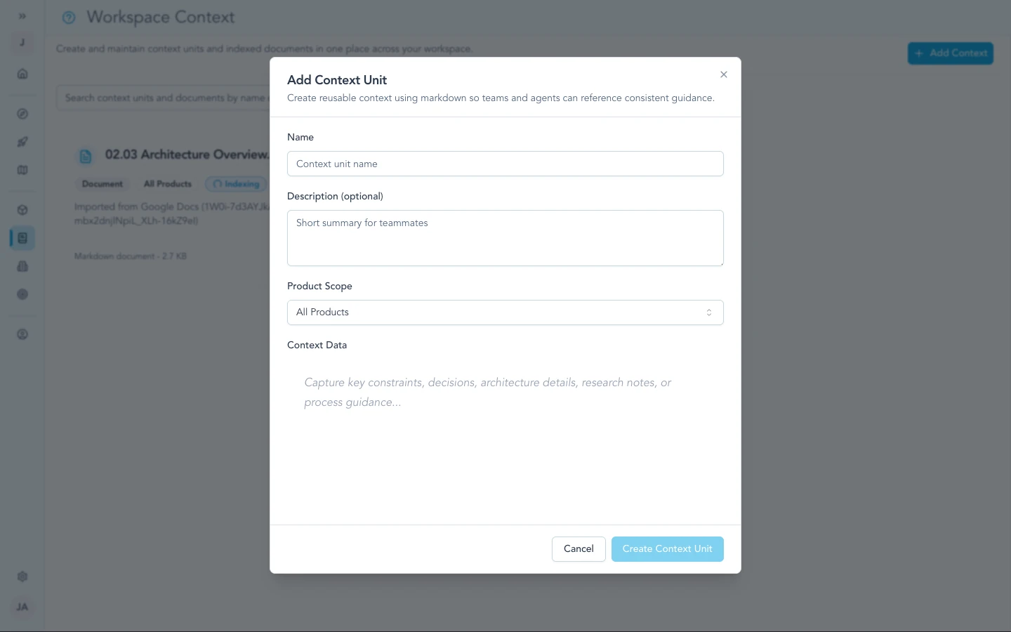 Modal to add a Context unit with a subject, description and Markdown body.