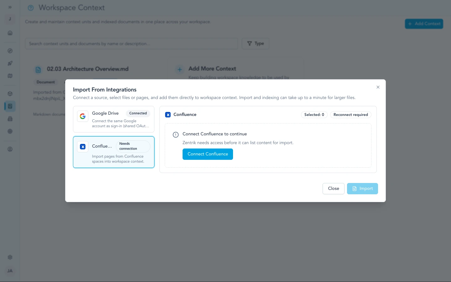 Confluence connection step in Zentrik workspace context import flow.
